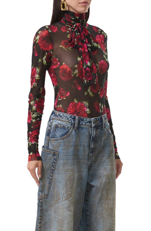 Afrm Julien Tie Neck Turtleneck Mesh Top In Black