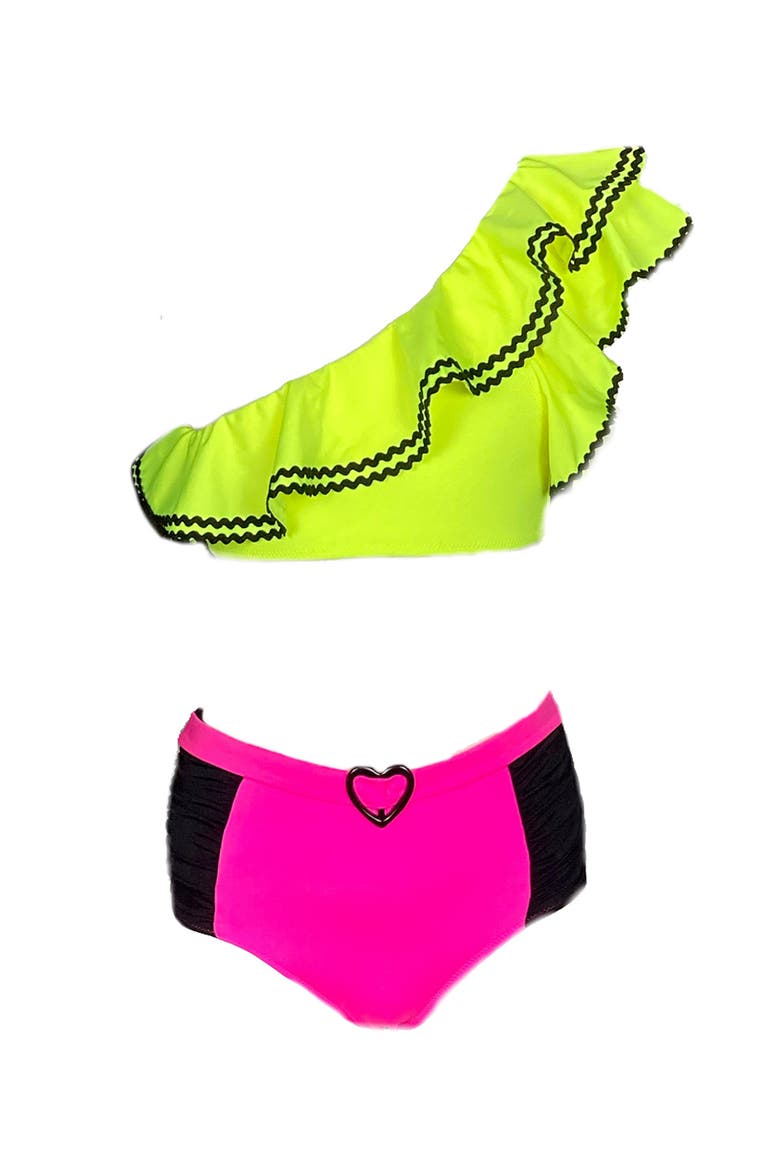Kids' One Shoulder Ric-Ram Trim Two Piece Bikini, Main, color, Green-Pink