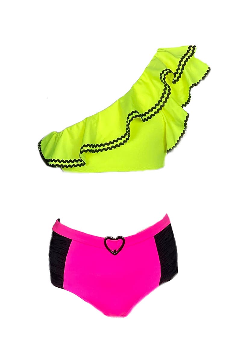 NESSI BYRD Kids' One Shoulder Ric-Ram Trim Two Piece Bikini, Main, color, Green-Pink