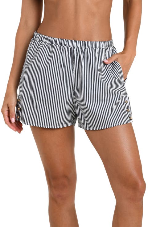 Amiya Voyage Stripe Cotton Poplin Cover-Up Shorts