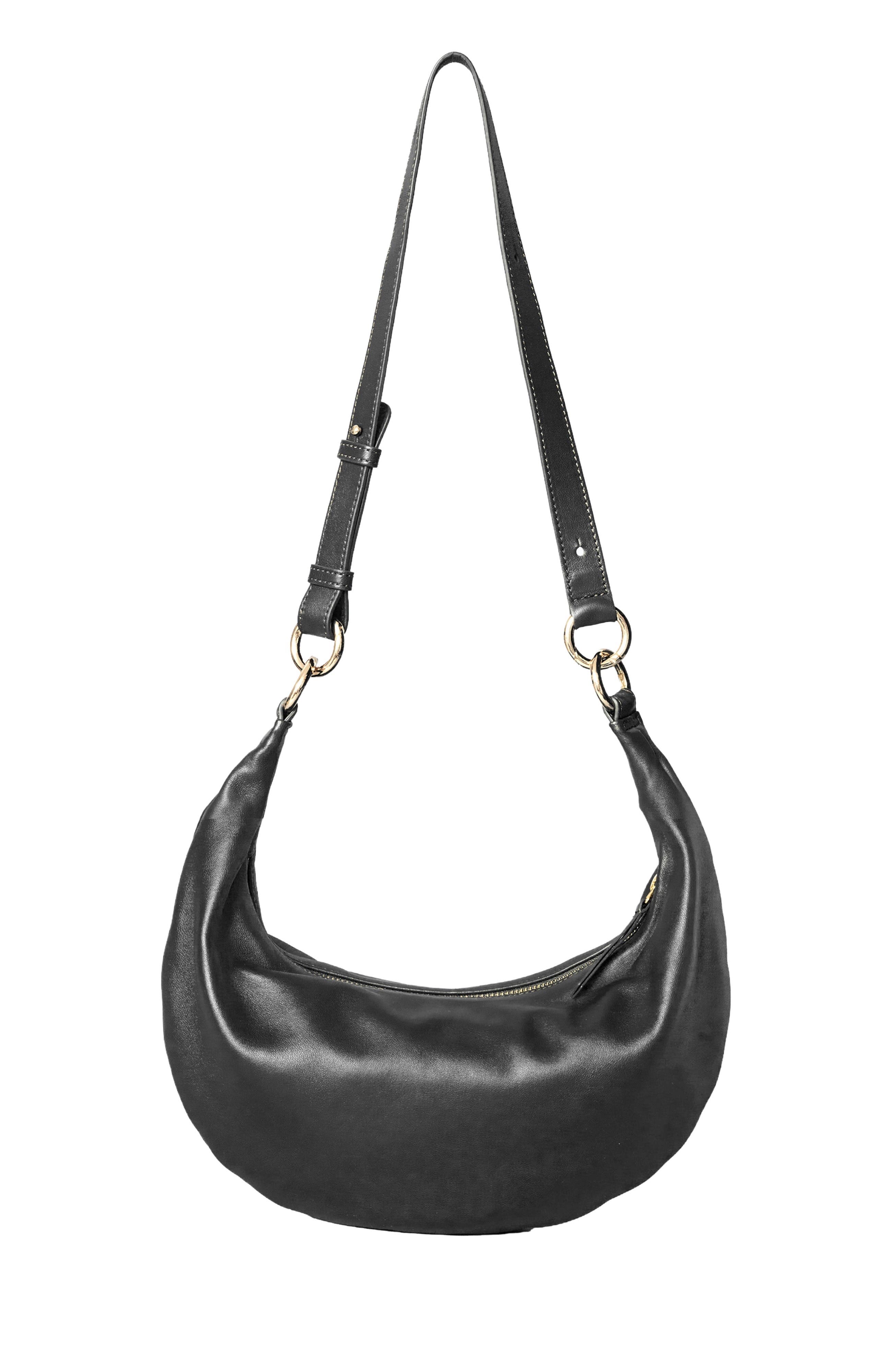 HYER GOODS Small Leather Convertible Hobo Crescent Ring Bag, Main, color, Black/Gold