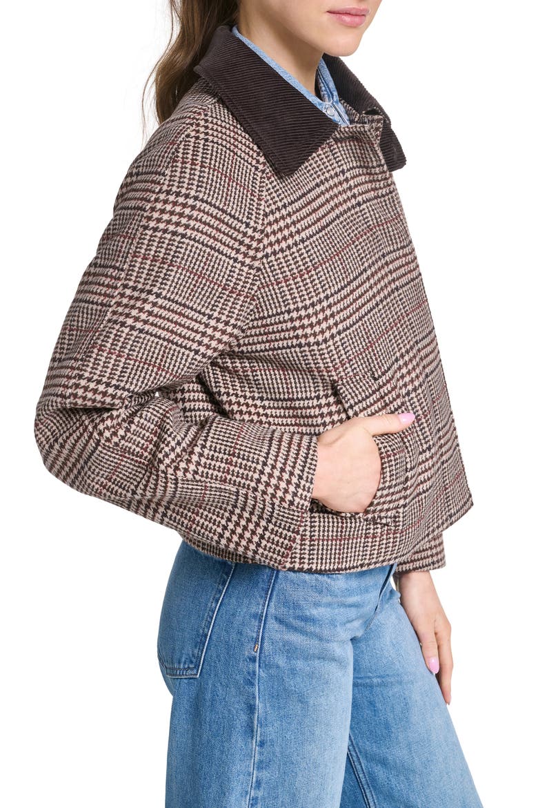 Corduroy Collar Houndstooth Plaid Short Mac Jacket, Alternate, color, BROWN PLAID MULTI