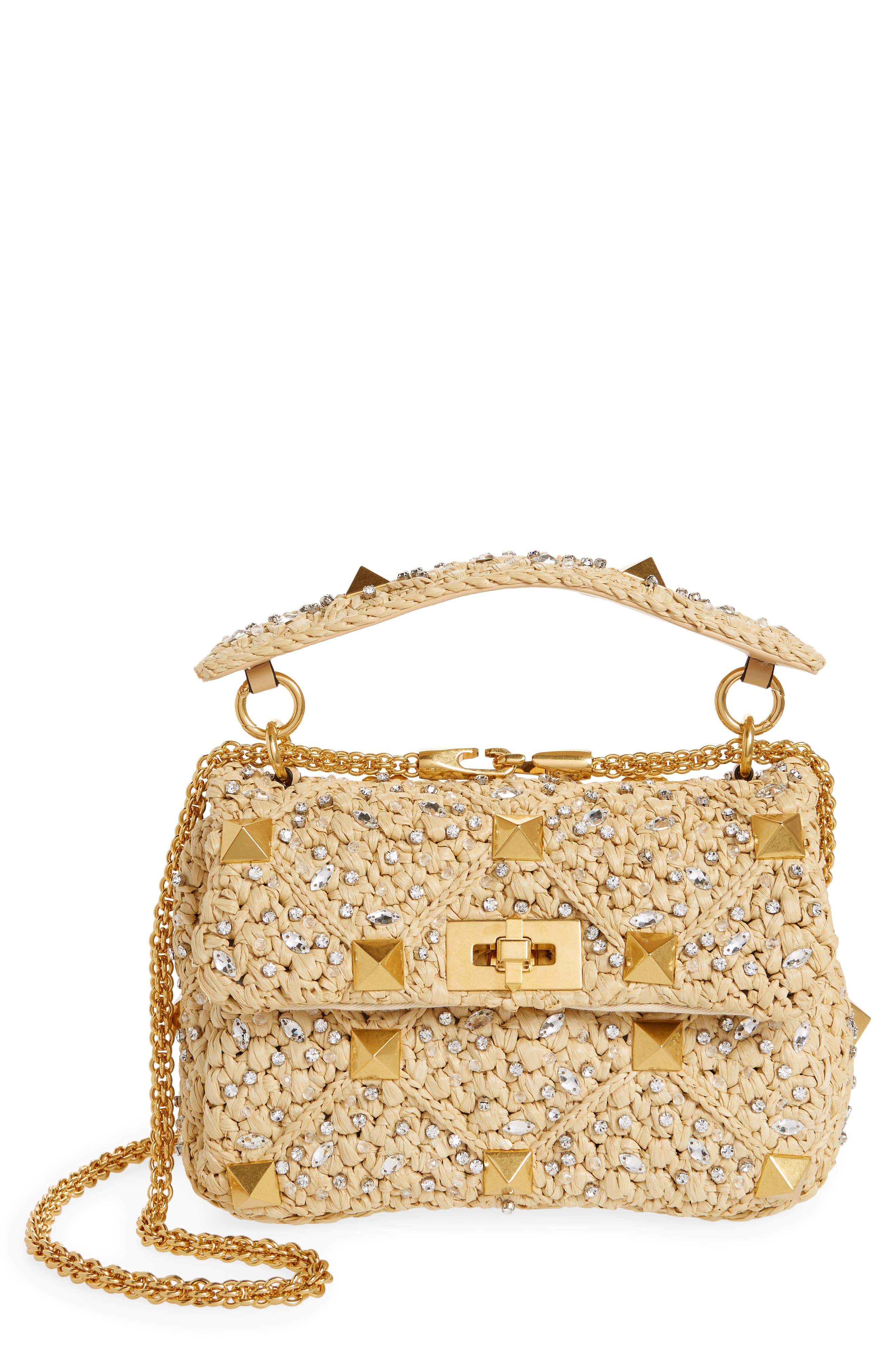 Valentino Garavani Roman Stud Raffia Shoulder Bag, Main, color, 