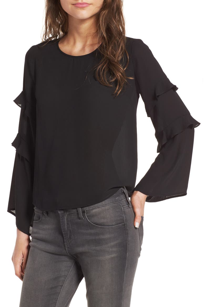 Ruffle Bell Sleeve Blouse, Main, color, BLACK