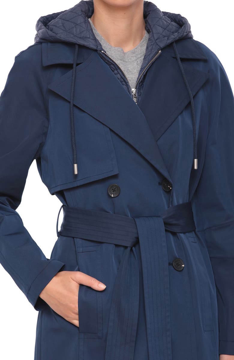 Avec Les Filles Double Breasted Trench Coat with Hooded Quilted Dickey, Alternate, color, Navy