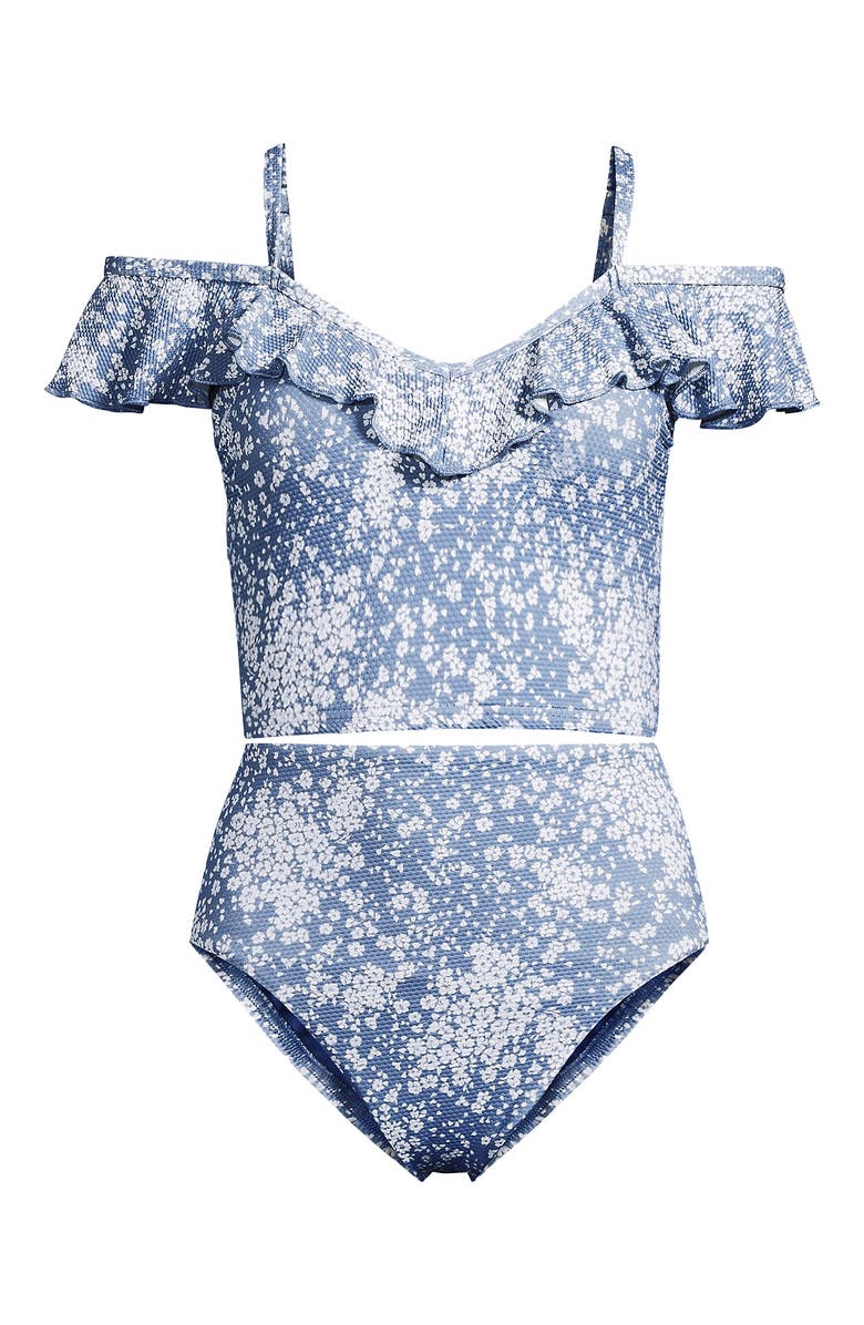 Lands' End Plus Size Pique Ruffle Tankini Top and High Waisted Bottom Swimsuit Set, Alternate, color, Dusk Sky Meadow Ditsy Floral