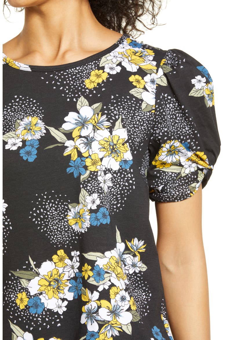 Print Puff Sleeve Cotton T-Shirt, Alternate, color, BLACK FLORAL