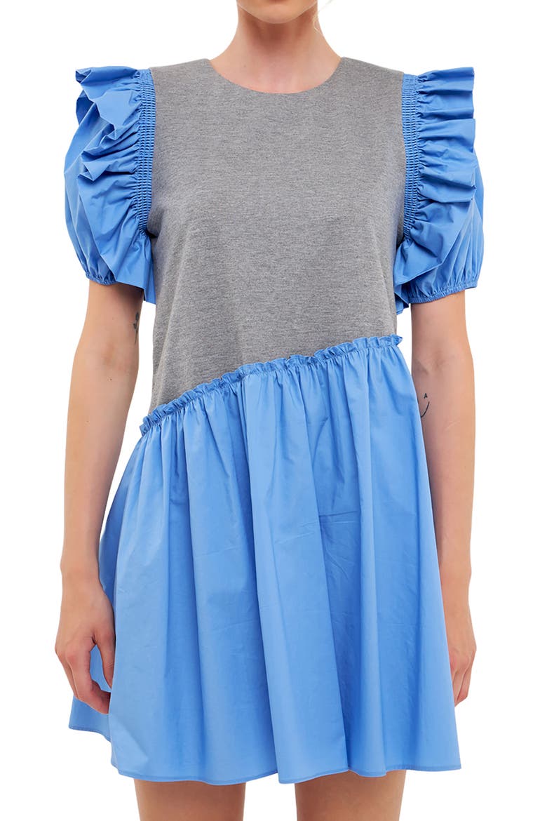Mixed Media Ruffle Minidress, Alternate, color, GREY/ BLUE