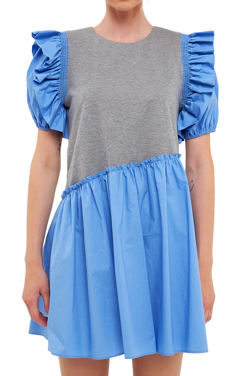 English Factory Mixed Media Ruffle Minidress, Alternate, color, Grey/ Blue