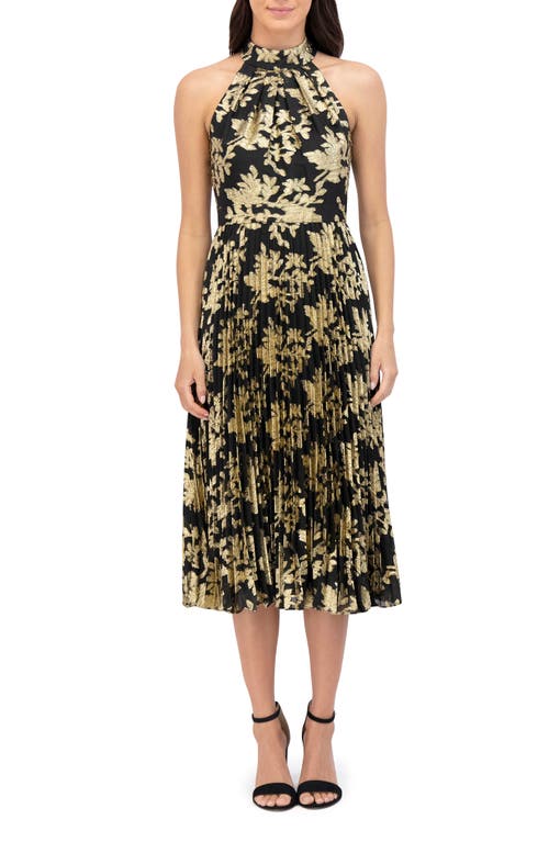 Eliza J Metallic Pleated Cocktail Midi Dress in Black Gold 