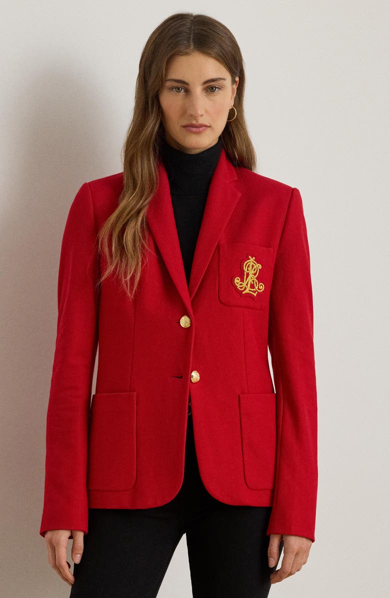 Lauren Ralph Lauren Bullion Jacquard Logo Patch Cotton Blend Blazer, Alternate, color, Ralph Red