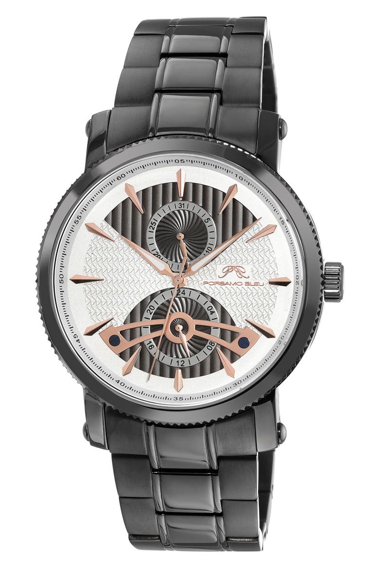 Men's Russel Guilloche Stainless Steel Watch, 46mm, Main, color, GREY/ SILVER/ ROSE
