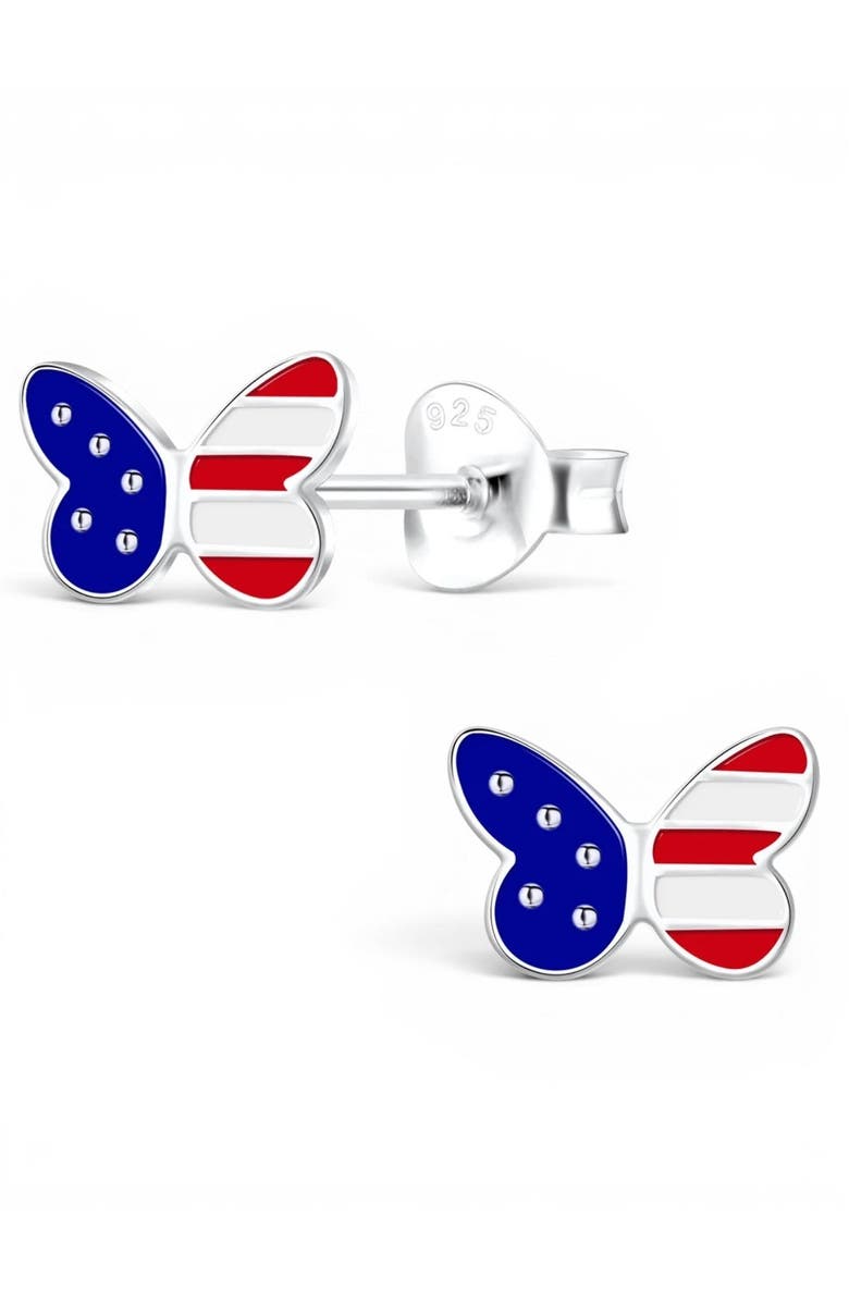 Mia Belle Girls Sterling Silver USA Flag Butterfly Stud Earrings, Main, color, Metallic Silver