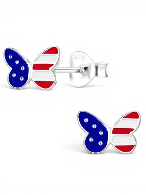Sterling Silver USA Flag Butterfly Stud Earrings (Toddler, Little Kid & Big Kid)