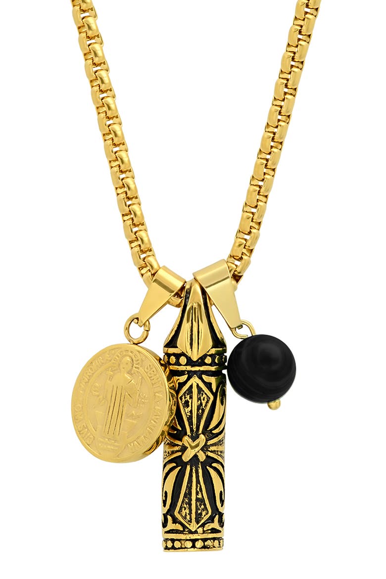 Men's 18K Gold Plated Stainless Steel Mixed Charm Pendant Necklace, Main, color, GOLD/BLACK