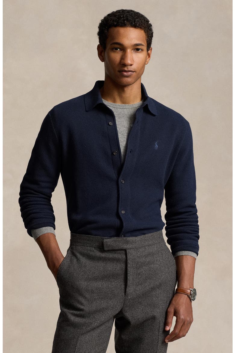 Embroidered Logo Cotton Piqué Cardigan, Alternate, color, HUNTER NAVY