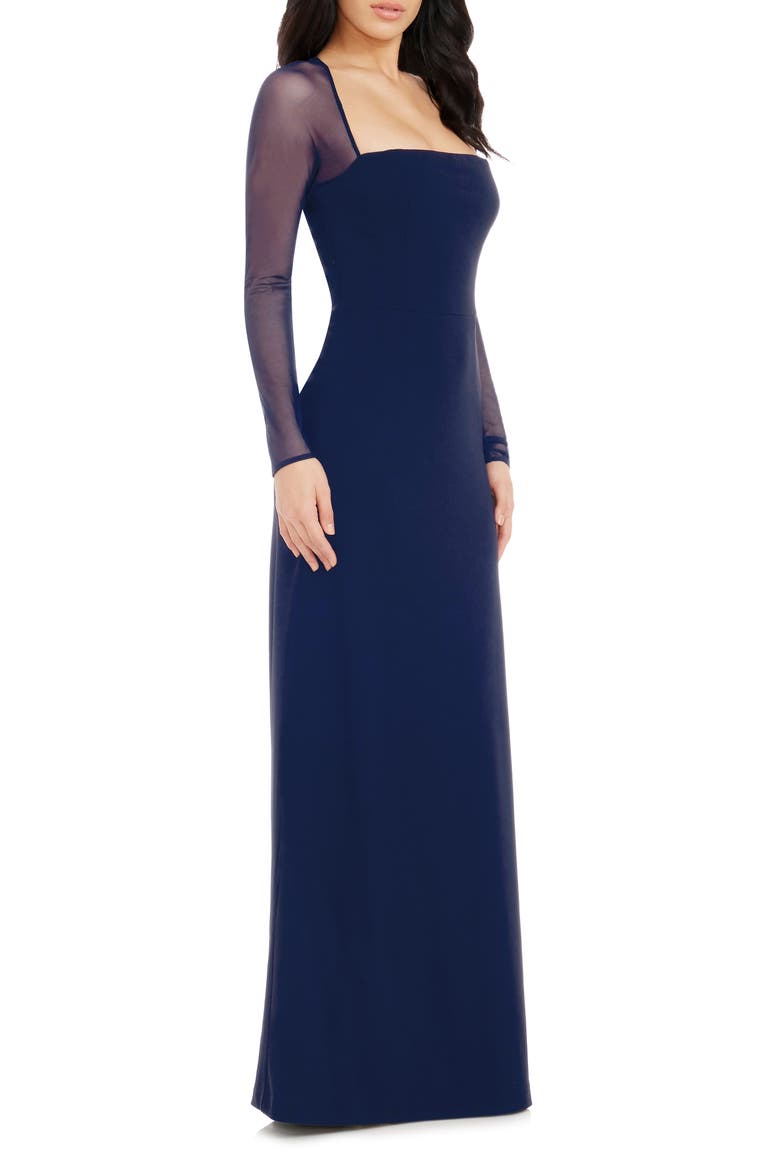 straight neck long sleeve dress White Satin Mockneck Midi Dress Long Sleeves Open Back