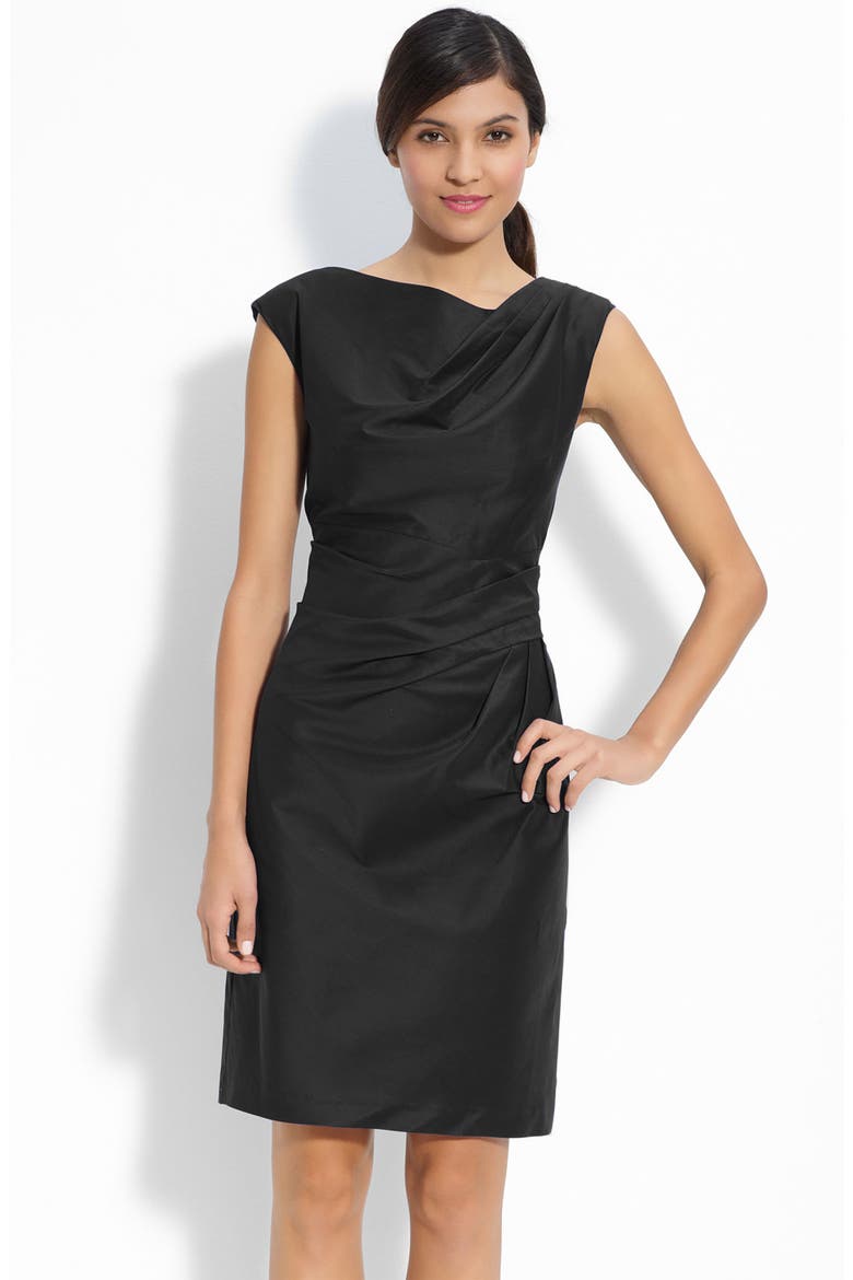 Suzi Chin Maggy Boutique Asymmetrical Pleat Woven Sheath Dress, Main, color, BLACK