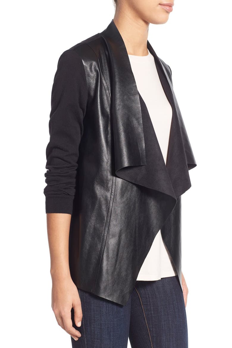 Faux Leather & Knit Cardigan, Alternate, color, BLACK