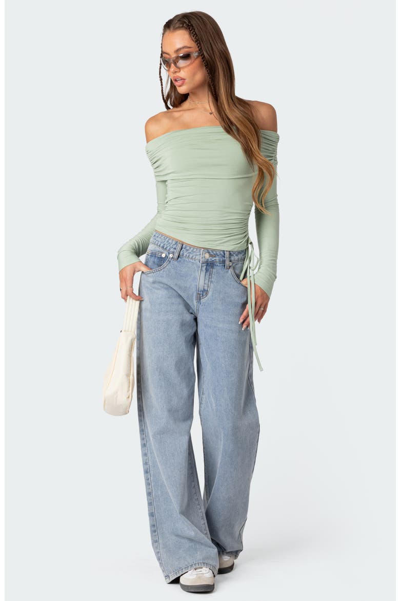Off the Shoulder Side Ruched Knit Top, Alternate, color, GREEN