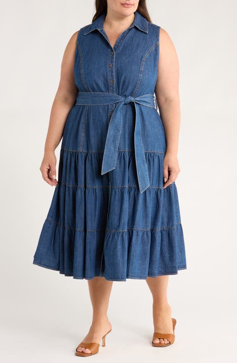 Sleeveless Tiered Denim Shirtdress (Plus)