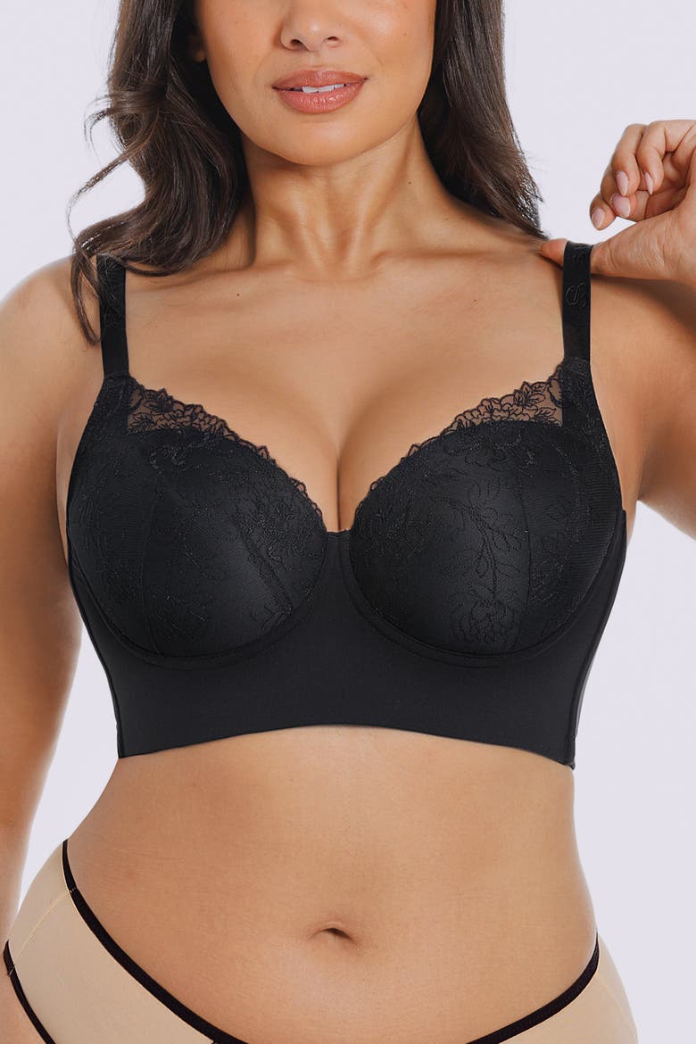 Back Smoothing Lace Underwire Bra, Alternate, color, Black