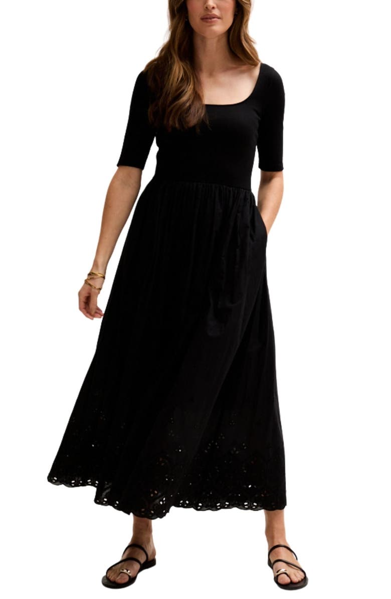 LILY AND LIONEL Sydney Short Sleeve Jersey Bodice Embroidered Midi Dress, Alternate, color, Black