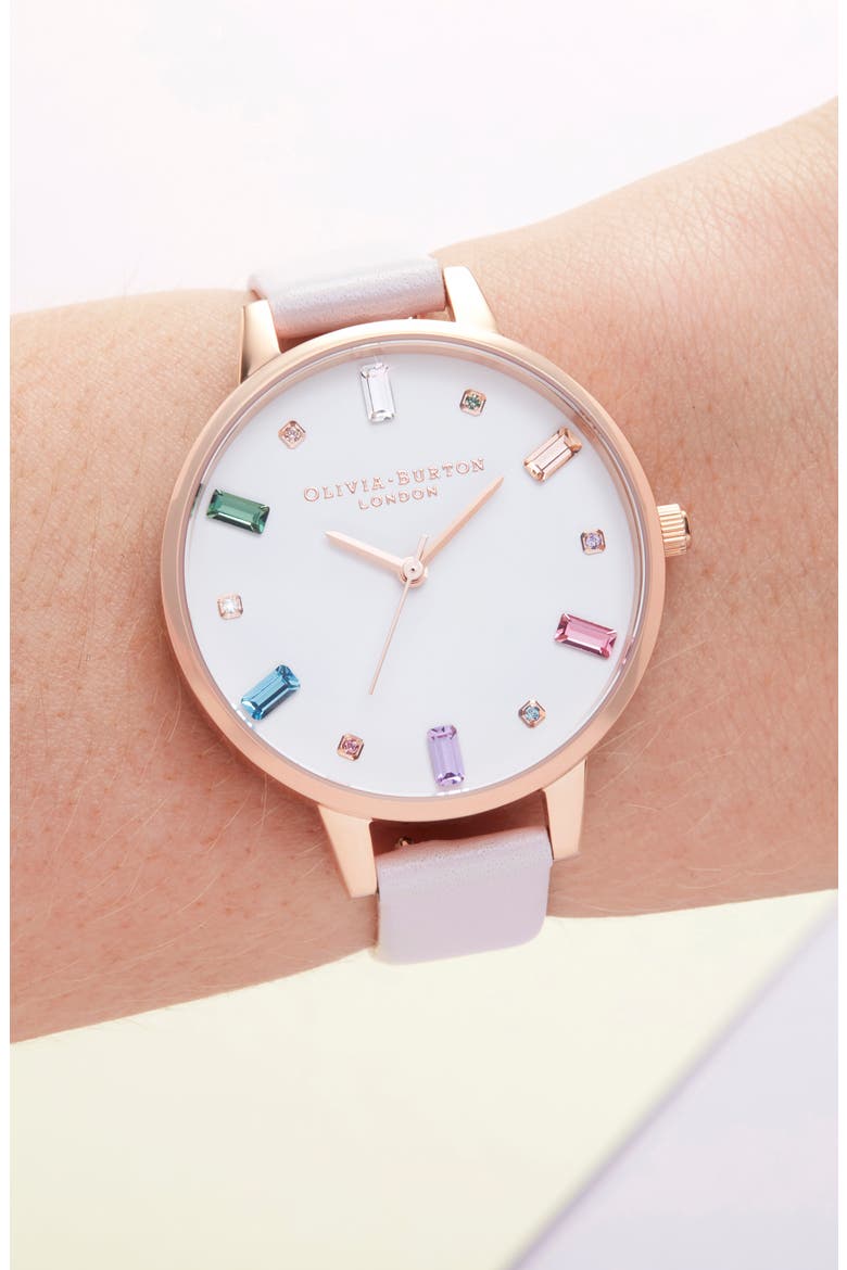 Rainbow Stone Leather Strap Watch, 34mm, Alternate, color, BLOSS/WHITE STONE/ROSE GOLD