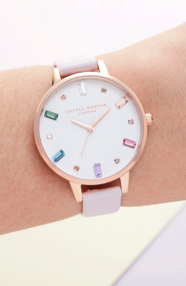 Olivia Burton Rainbow Stone Leather Strap Watch, 34mm, Alternate, color, 