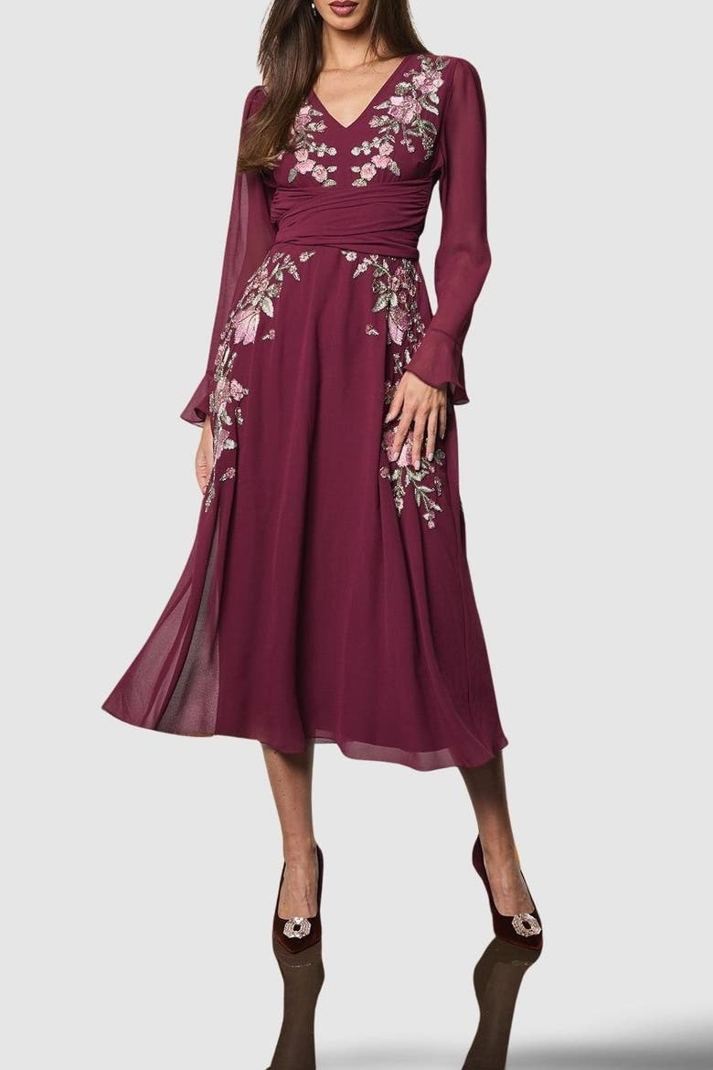 Wrap Waist Embroidered Midi Dress, Alternate, color, Wine