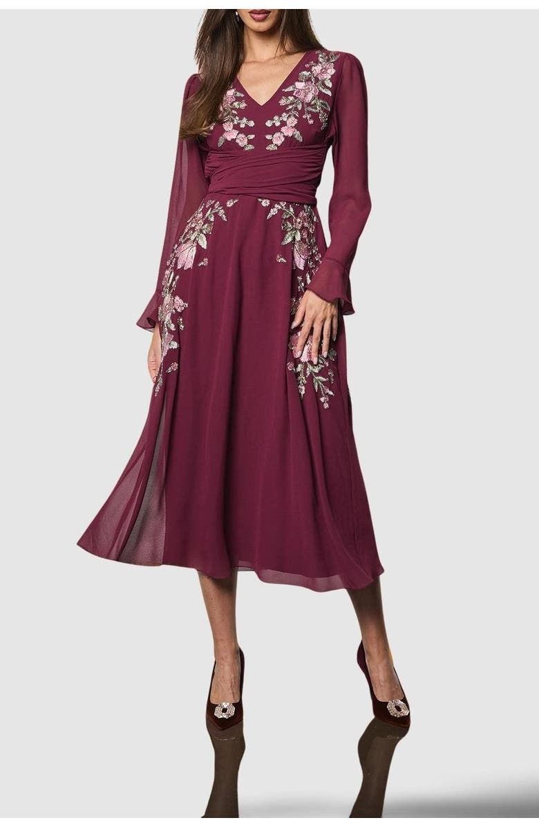 Coast Wrap Waist Embroidered Midi Dress, Alternate, color, Wine