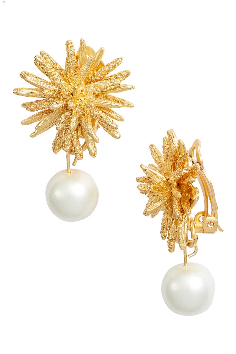 Starburst Imitation Pearl Clip-On Drop Earrings, Main, color, GOLD