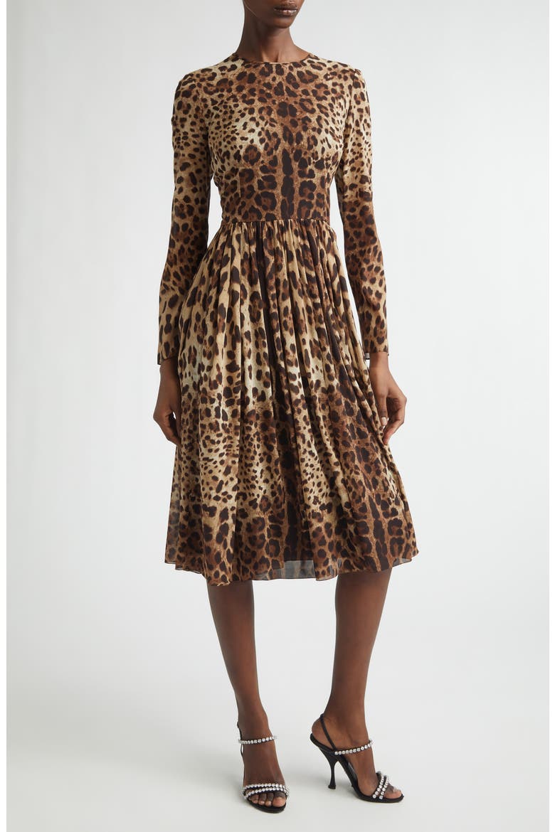 Leopard Print Long Sleeve Stretch Silk Midi Dress, Main, color, LEO NEW