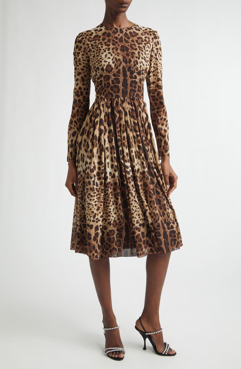 Dolce&Gabbana Leopard Print Long Sleeve Stretch Silk Midi Dress, Main, color, Leo New