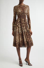 Dolce&Gabbana Leopard Print Long Sleeve Stretch Silk Midi Dress
