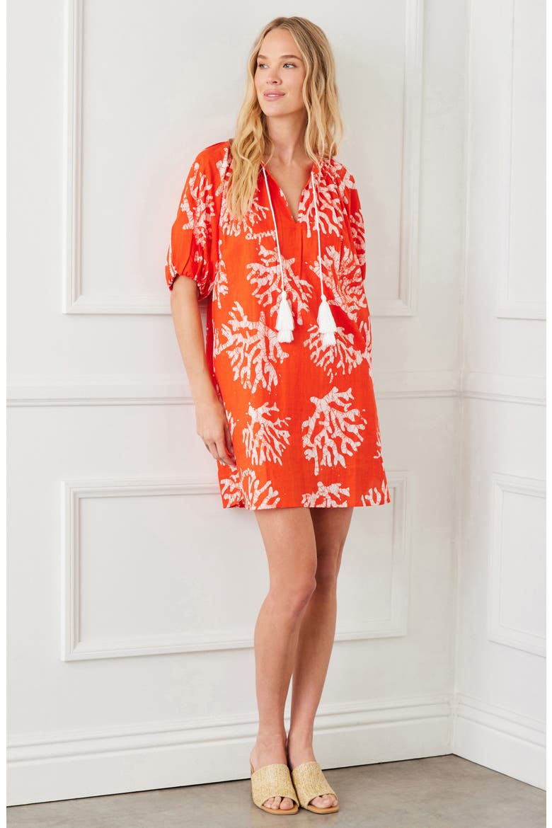 Coral Print Tassel Cotton Dress, Alternate, color, ORANGE