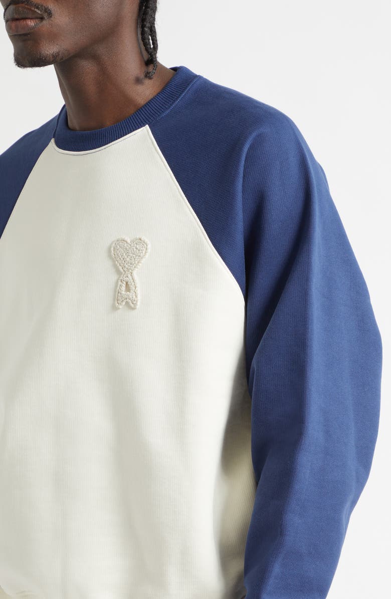 AMI PARIS Ami de Coeur Boxy Colorblock Baseball Sweatshirt, Alternate, color, Blanc Creme/ Encre