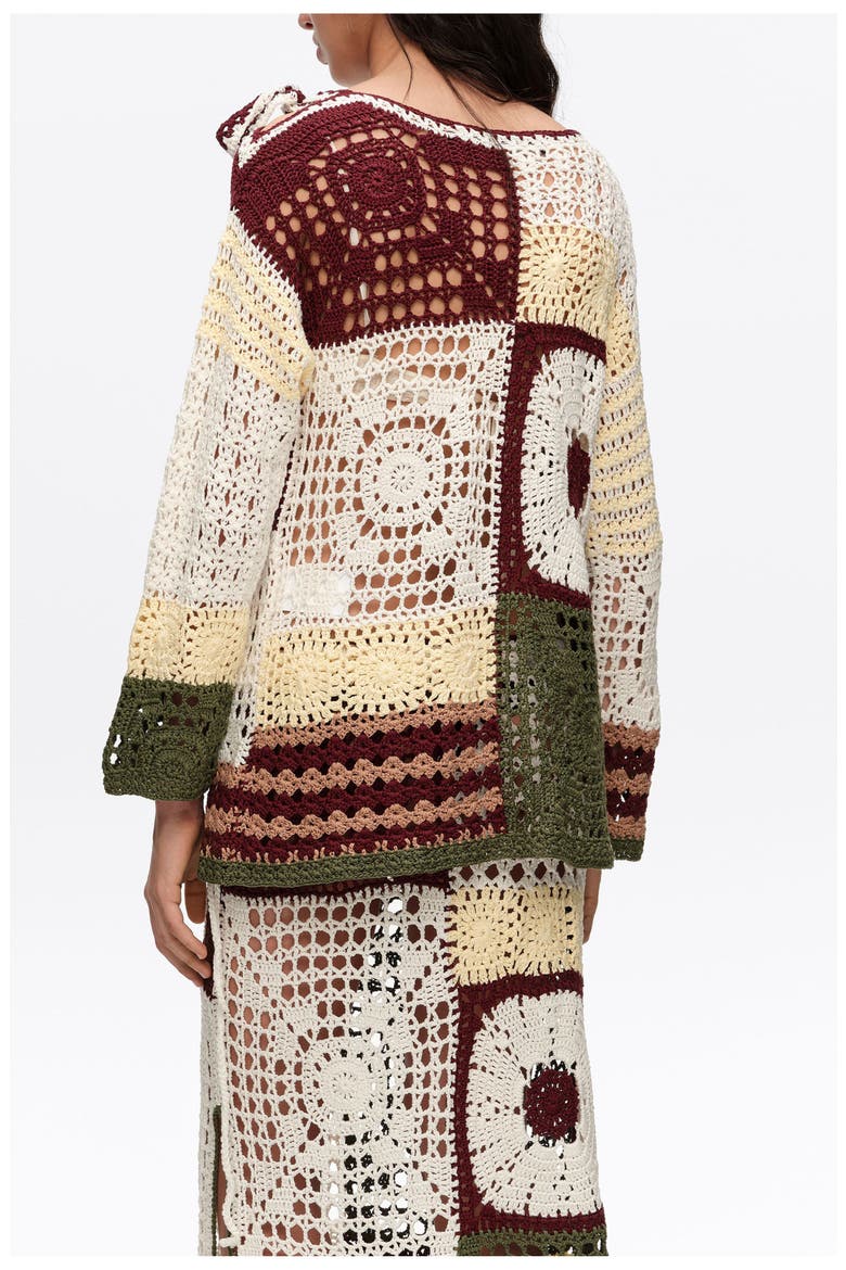 Straight Multicolored Crochet Sweater, Alternate, color, DARK GREEN