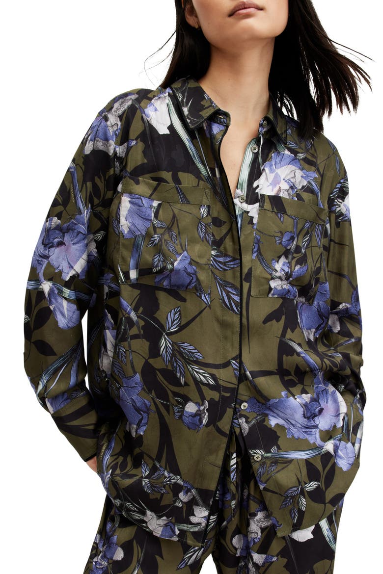 Eve Batu Floral Button-Up Shirt, Alternate, color, DEEP KHAKI GREEN