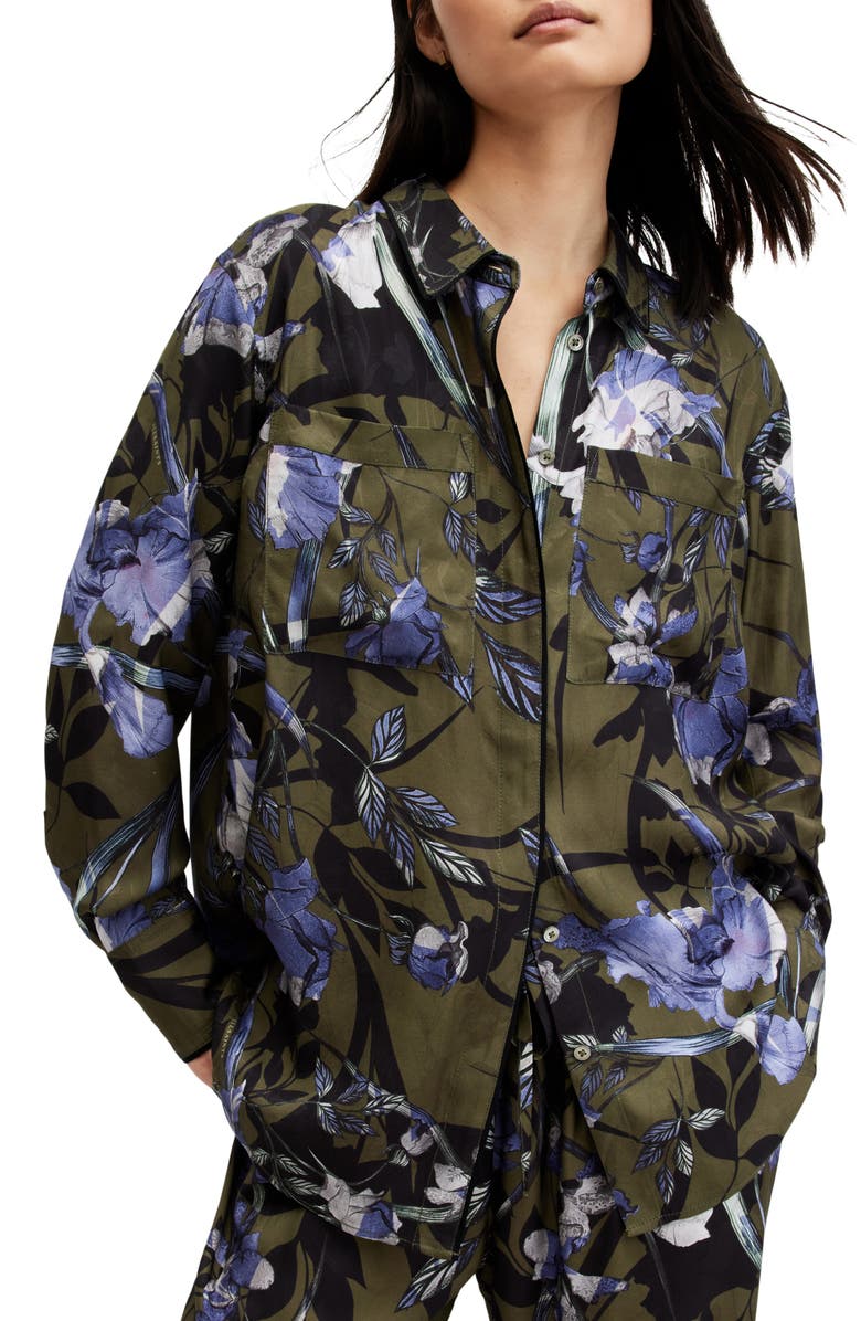 AllSaints Eve Batu Floral Button-Up Shirt, Alternate, color, Deep Khaki Green