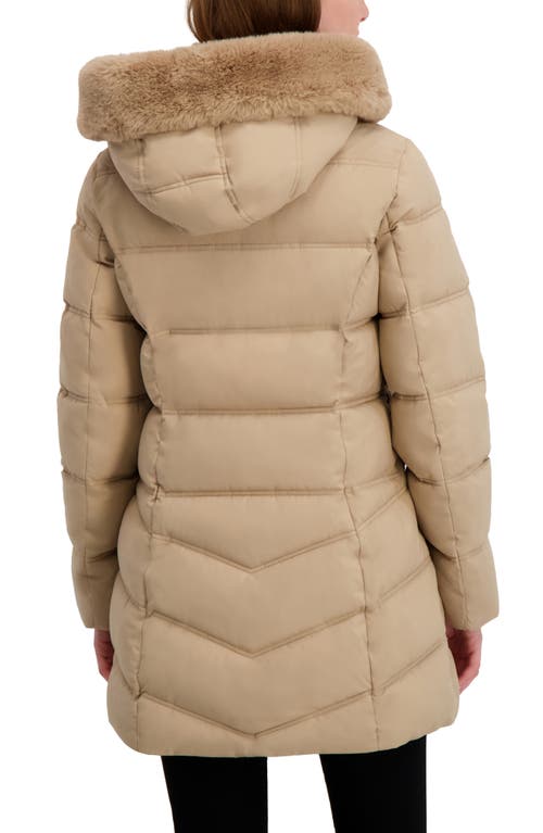 Laundry By Shelli Segal Soft Tech Puffer Jacket With Removable Faux Fur Trim Hood In Sand