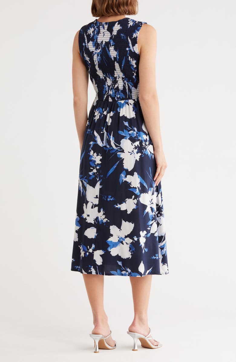 Calvin Klein Floral Smocked Bodice Midi Dress, Alternate, color, Indigo Multi