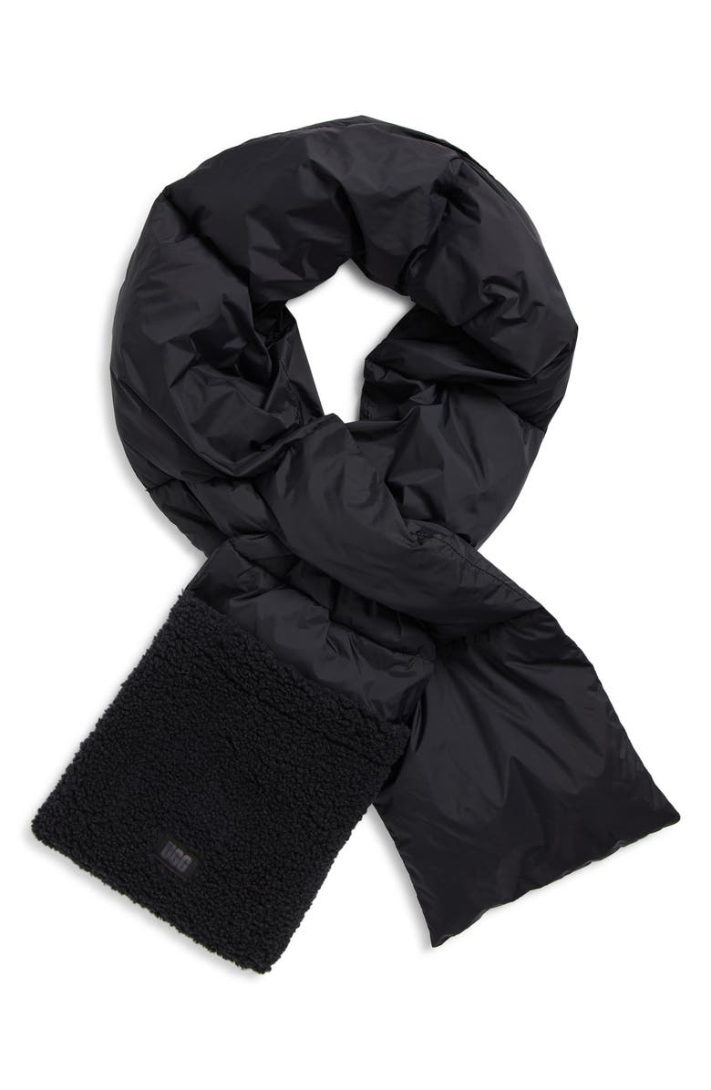 UGG<sup>®</sup> UGGfluff Packable Quilted Faux Shearling Trim Scarf, Main, color, Black