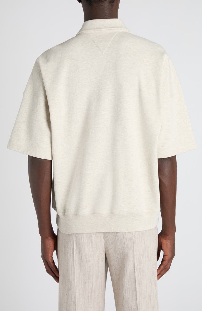 Bottega Veneta Double Cotton Mélange Jersey Quarter Zip Polo with Intrecciato Suede Patch, Alternate, color, 9781 Sea Salt Melange