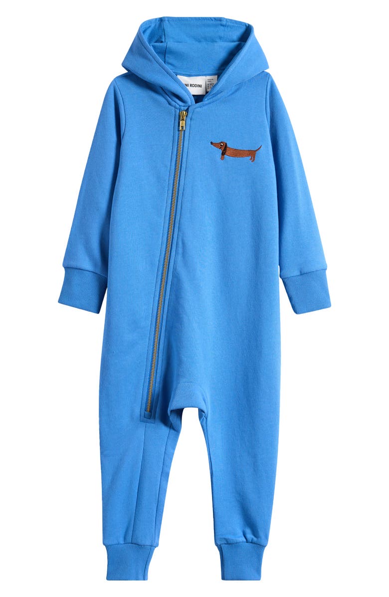 Mini Rodini Dog Embroidered Hooded Organic Cotton Zip-Up Romper, Main, color, Blue