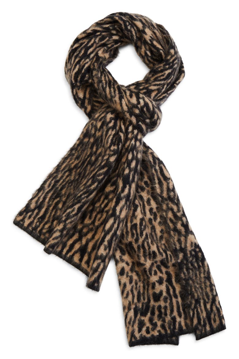 Leopard Print Mohair & Wool Blend Scarf, Alternate, color, BEIGE/ BLACK