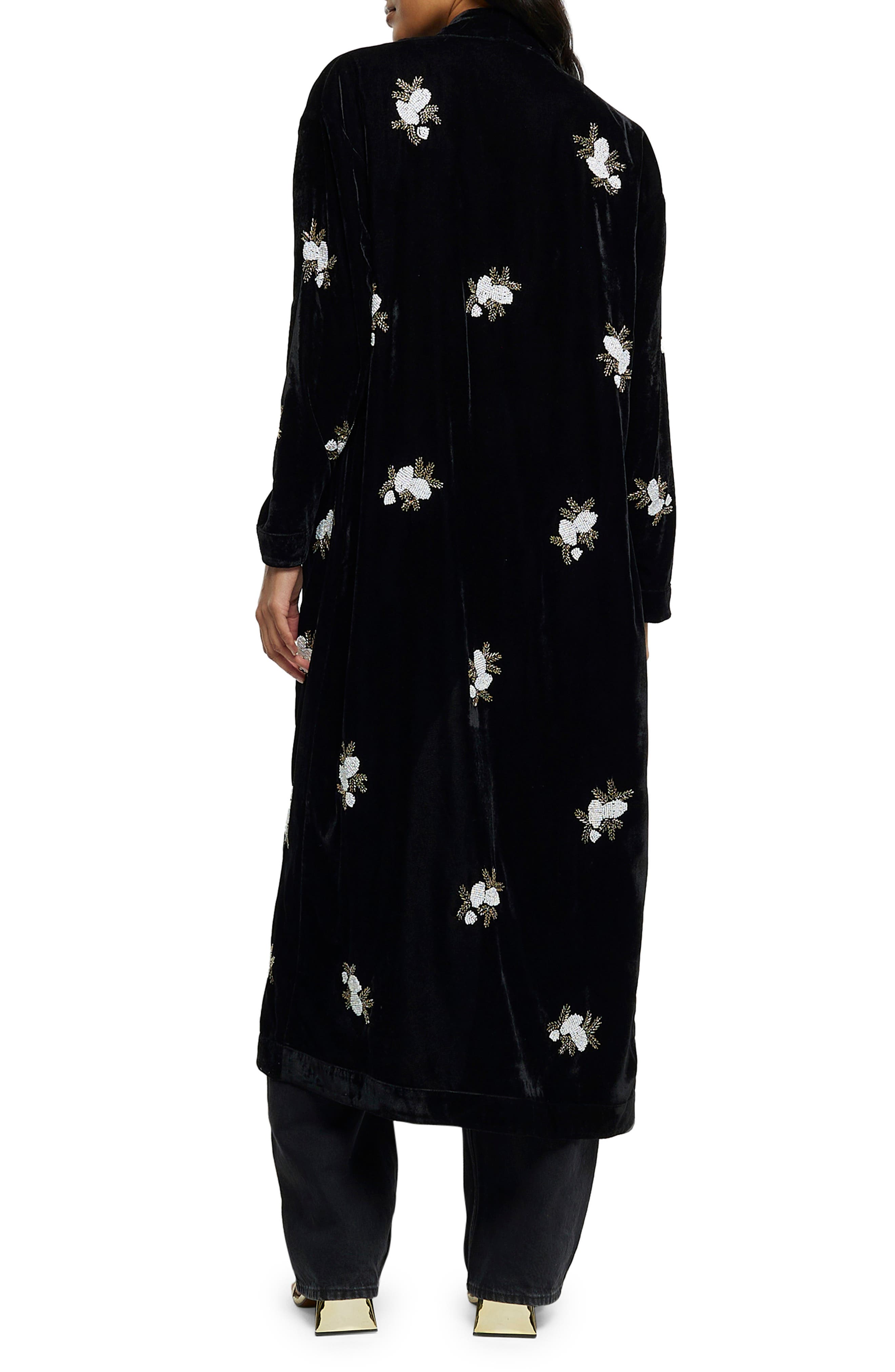 Beaded Floral Open Front Velvet Duster - image 2