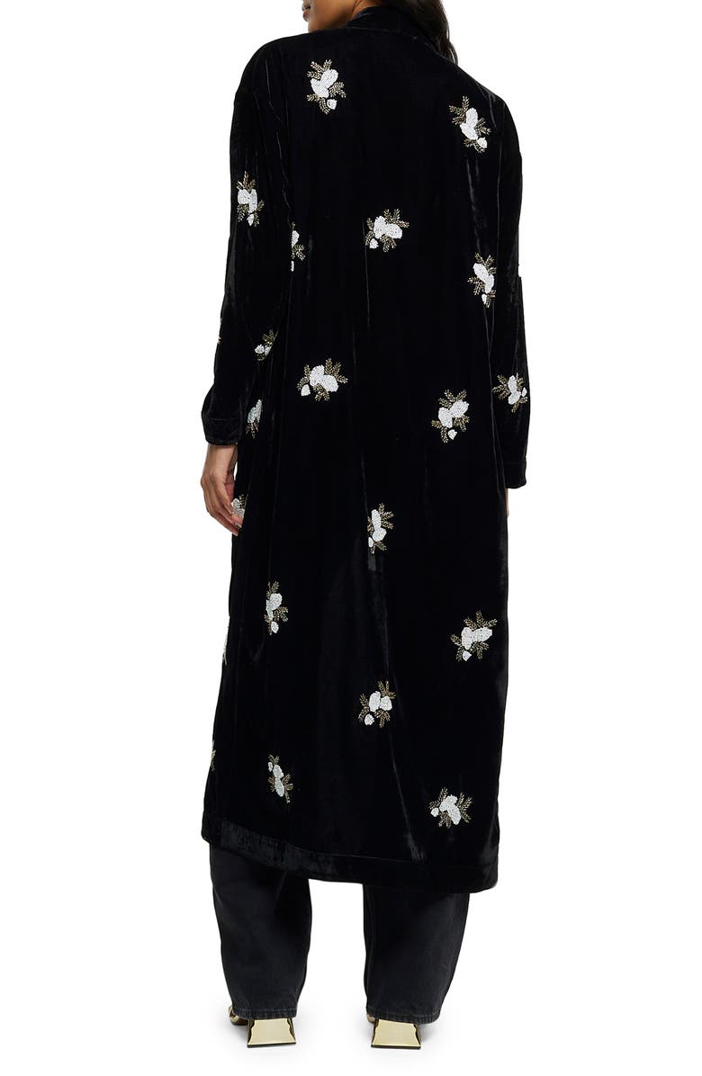 River Island Beaded Floral Open Front Velvet Duster, Alternate, color, Black