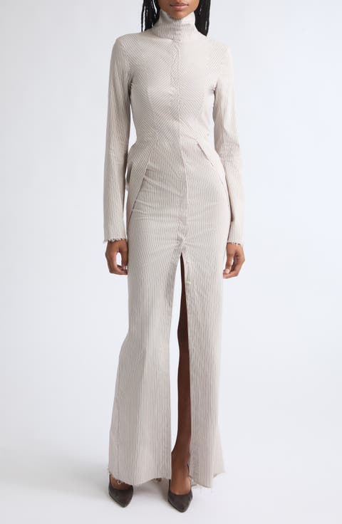 Tailored Bustle Striped Cotton & Silk Maxi Dress