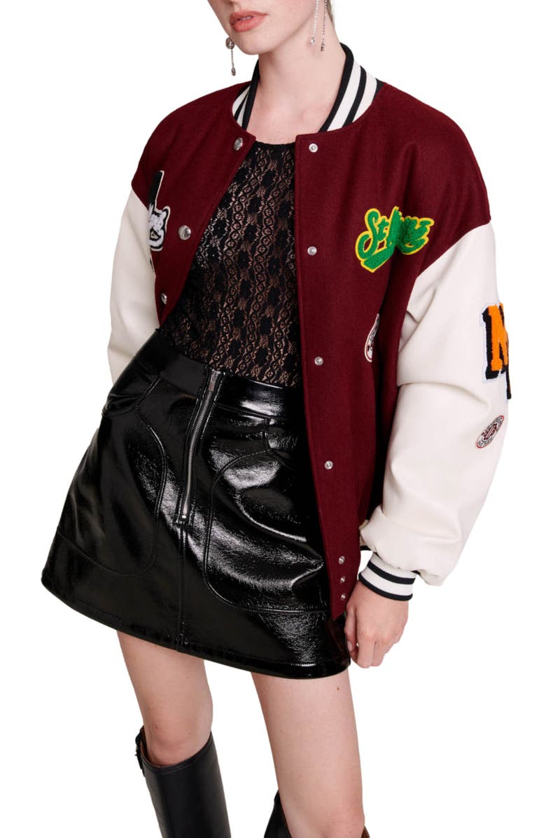 maje Belove Wool Blend Letterman Jacket, Alternate, color,